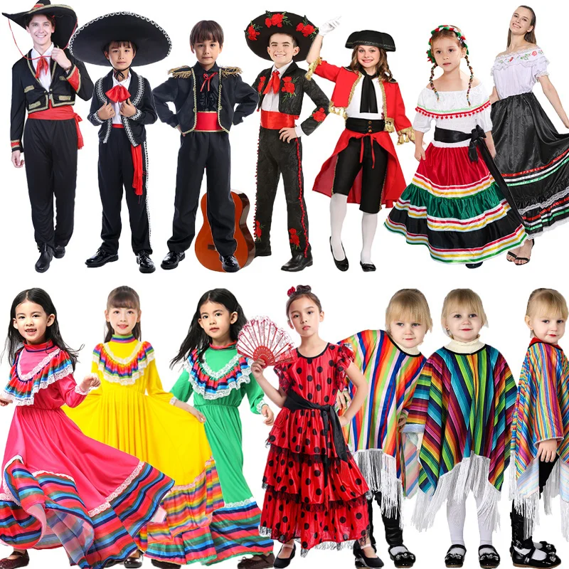 

Mexican Cosplay Party Holiday Costumes Mexico Traditional Festival Clothing Performance Halloween For Adult Kid Tops+Hat Dress