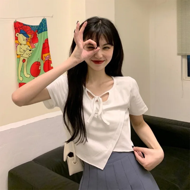 

Женская трикотажная футболка с коротким рукавом, однотонная облегающая футболка с квадратным вырезом, лето 2022