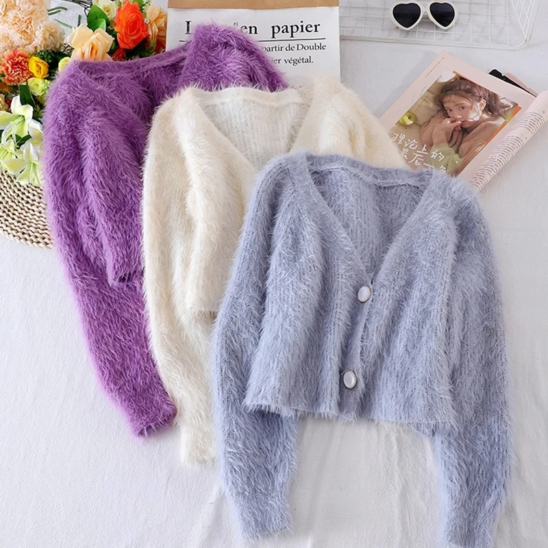 Cropped Cardigan Sweater V Neck Mink Cashmere Sweater Women Oversized Christmas Sweater Fuzzy Cardigans 2021 Korean Winter Pull images - 6