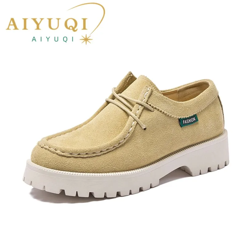 AIYUQI Women Shoes Loafers Suede Genuine Leather 2023 British Style Lace-Up Student Shoes Women Large Size Classic Ladies Shoes