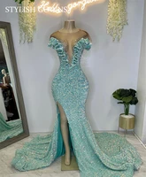 sparkly lake blue o neck long prom dresses for black girls sequined evening gowns ruffles formal dress beaded high slit robe de