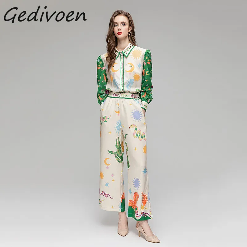 

Gedivoen Summer Fashion Runway Vintage Print Pants Set Women's Long Sleeve Loose Top+Elastic Waist Wide Leg Pants 2 Pieces Set