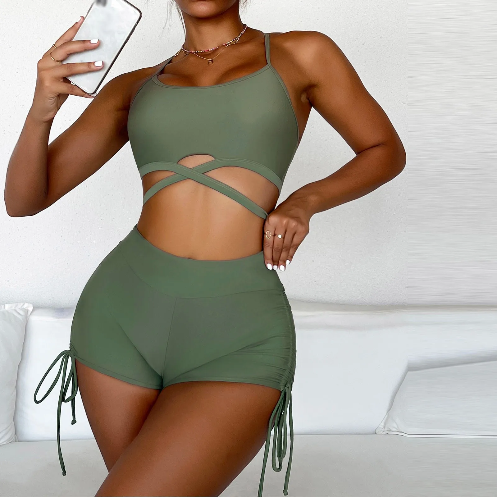 

Women's Swimsuit Sexy Solid Color Cross Drawstring High Waist Five Quarter Pants Bikini Beachwear Set Купальник Женский