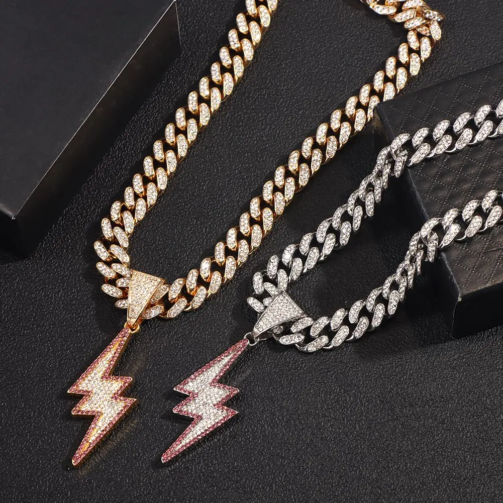 

Trendy Full Rhinestone Lightning Pendant Necklace for Women Men Iced Out Bling Crystal Cuban Link Chain Necklace Hip Hop Jewelry