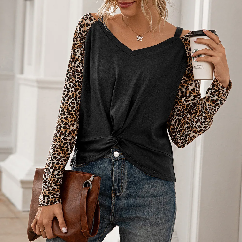 Women Spring Summer Leopard Print Stitching V-neck Off-shoulder Casual Long-sleeved T-shirt Top Women Clothes