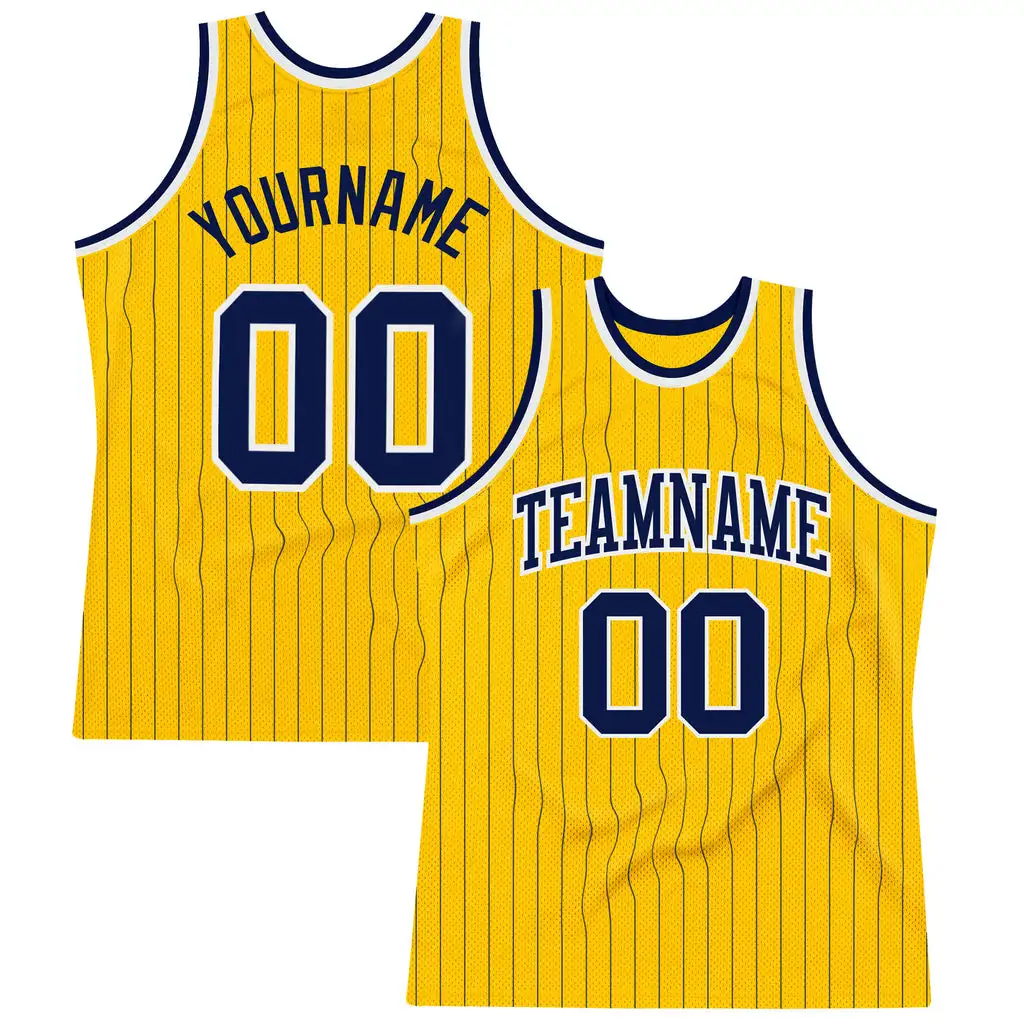 

Custom Gold Navy Pinstripe Navy-White Authentic Personalised Basketball Shirt