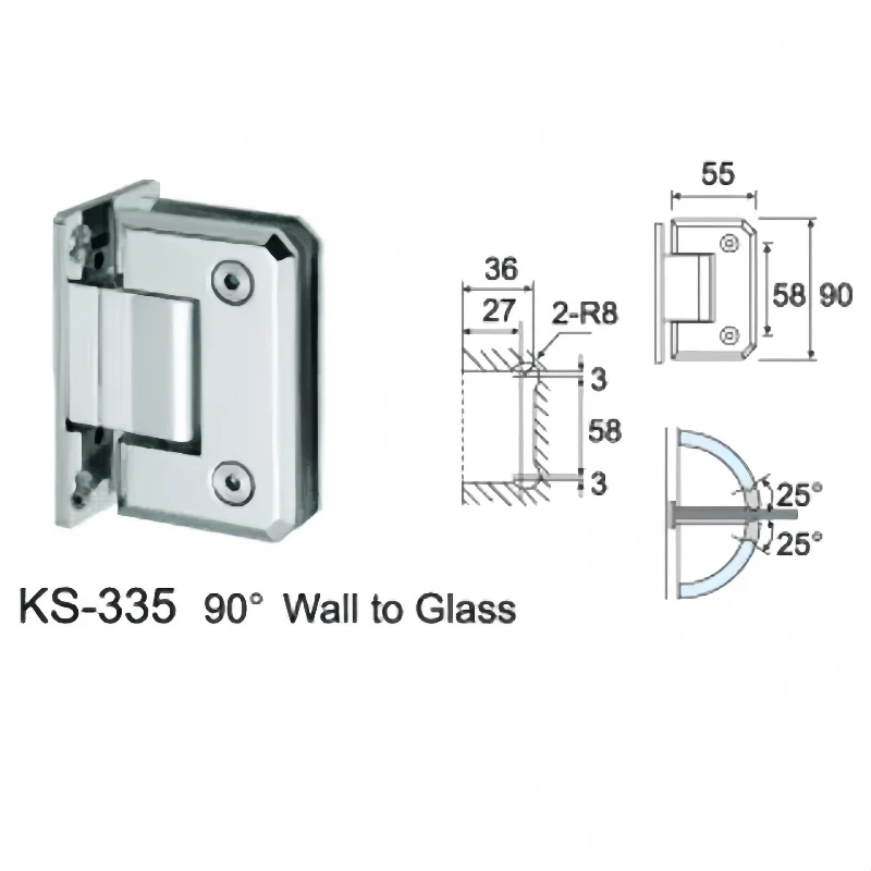 Гидравлический шарнир Kensharp SS304 90 градусов стеклянный для стены и стекла душевой
