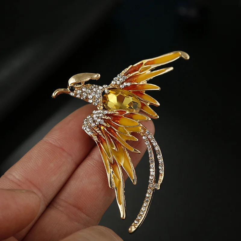 

New Multicolor Rhinestone Phoenix Brooch Painted Enamel Bird Animal Pins Elegant Clothing Accessories Party Gifts