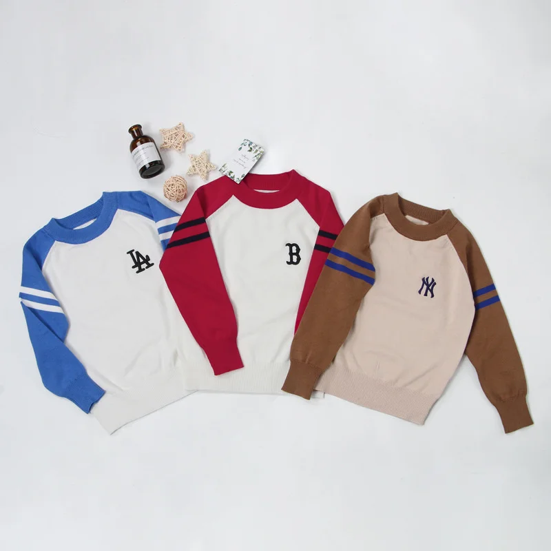 

Осенне-зимние теплые свитера для малышей, повседневный вязаный пуловер, детская одежда, новый джемпер с вышивкой буквами для мальчиков и де...