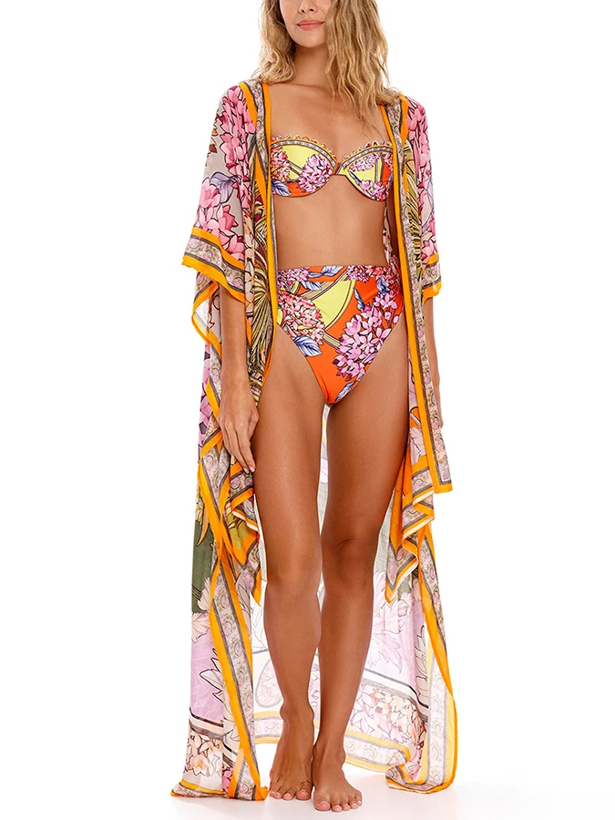 

Women's Multi-color Floral Color Block Print Leisure Vacation Split Piece Seaside Bikini And Cover Up Beach Yarn Summer New2023