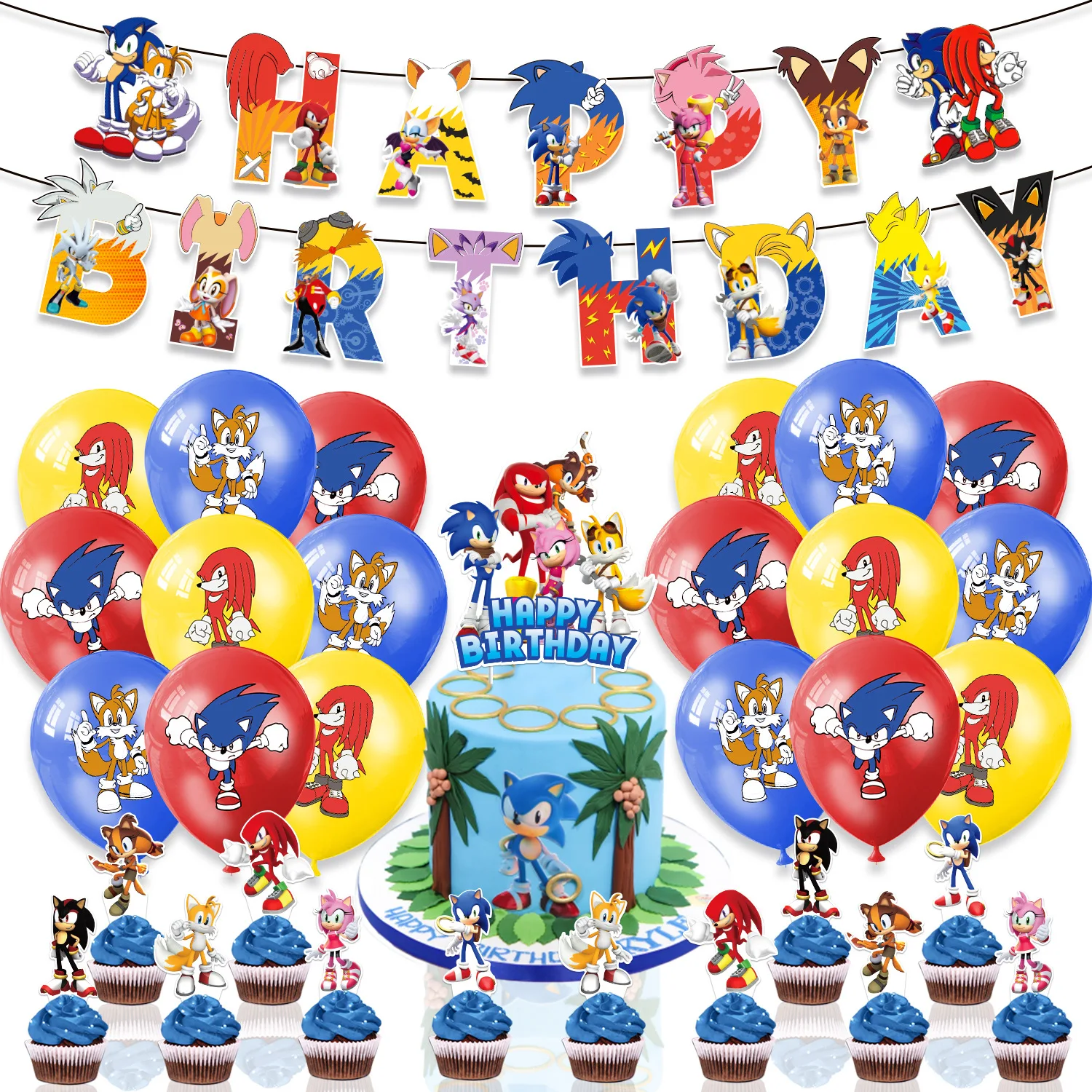

Sonic Themed Birthday Party Decoration Set Children's Baby Party Balloon Banner Cake Topper Hanging Swirls Anime characters