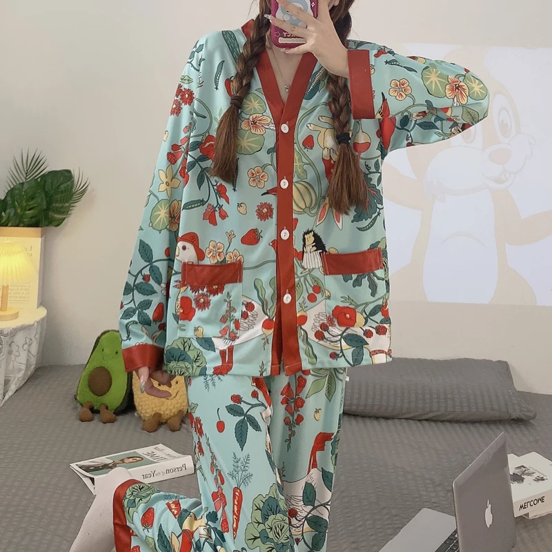 CAIYIER New Winter Nightwear Suit Cardigan Long Sleeve Trousers Ladies Pajamas Set Flower Sweet Sleepwear Simple Homewear 2XL