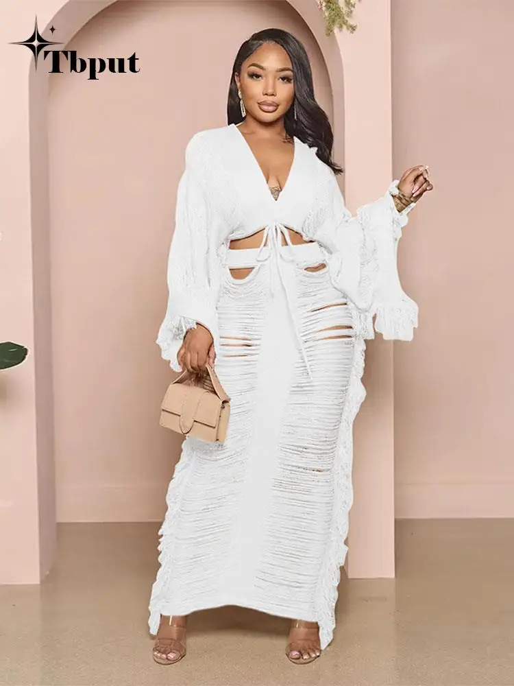 

Elegant Hollow Out Hole Tassel 2 Piece Set Women Sexy Lace Up V Neck Crop Top Long Skirts Suit Skinny Club Party Beach Outfits