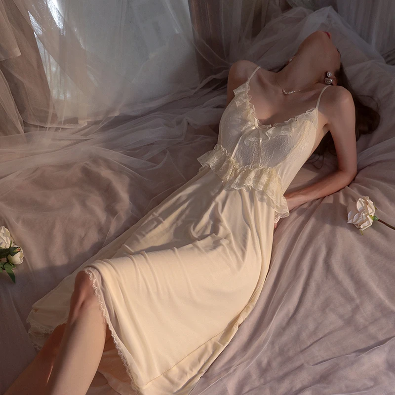 Sexy Sleepwear Women Lace Sweet Nightgown Night Dress Sling Backless Nighties V-neck Lingerie Nightwear Long Homewear Underwear