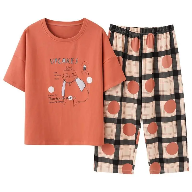 Summer Plaid Women Sleep Lounge Pajama Short-Sleeved Pajama Sets Cartoon Pyjamas Polyester Sleepwear M-5XL Plus Size Home Sets