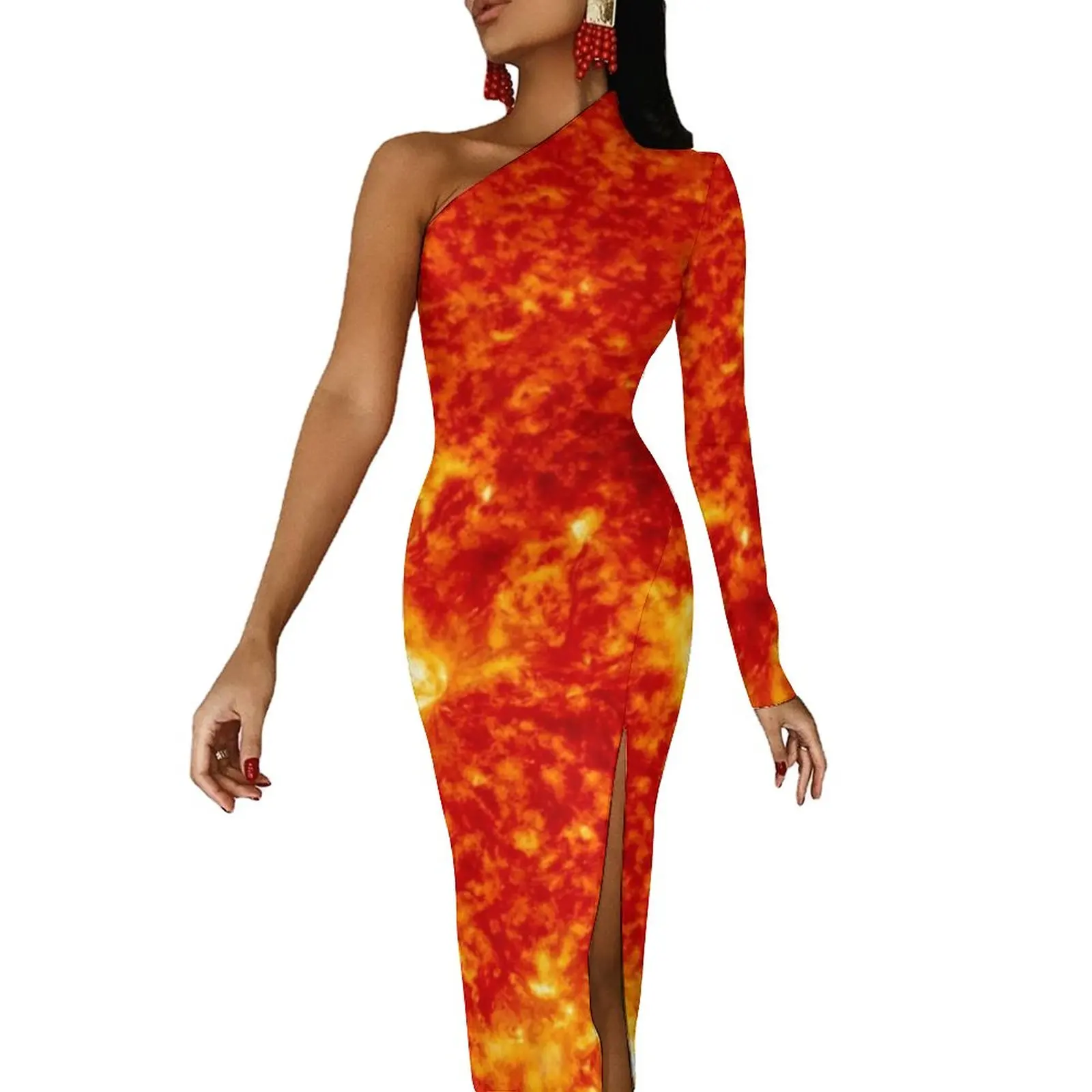 

Платье-макси на одно плечо с принтом, красное и желтое