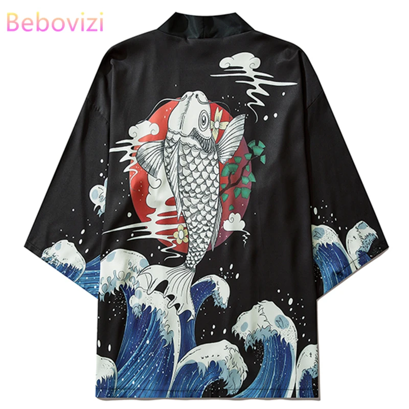 

Japanese Ukiyo-e Carp Print Shirts Streetwear Coat Women Men Yukata Cosplay Cardigan Kimono Summer Traditional Casual Haori