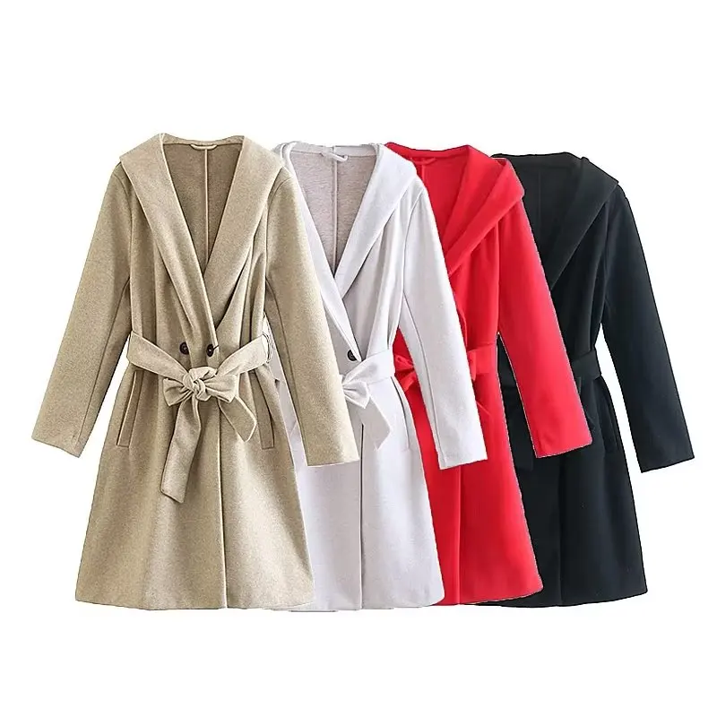 

DiYiG Women's 2022 New Fashion Belted Hooded Woolen Coat Vintage Side Pocket Long Sleeve Double Breasted Female Outer Mujer