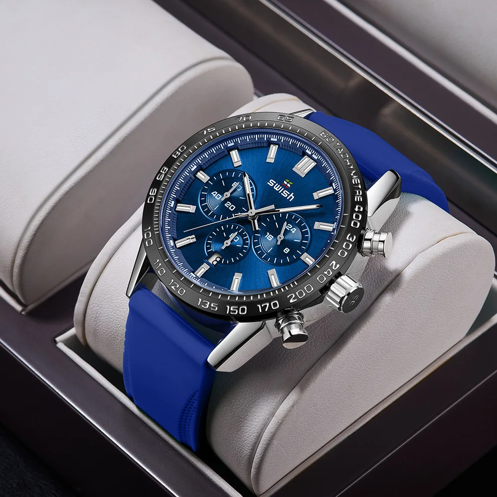 2023 Fashion new hot selling three eyes six needles sports timing function calendar silicone belt men's watch 1120