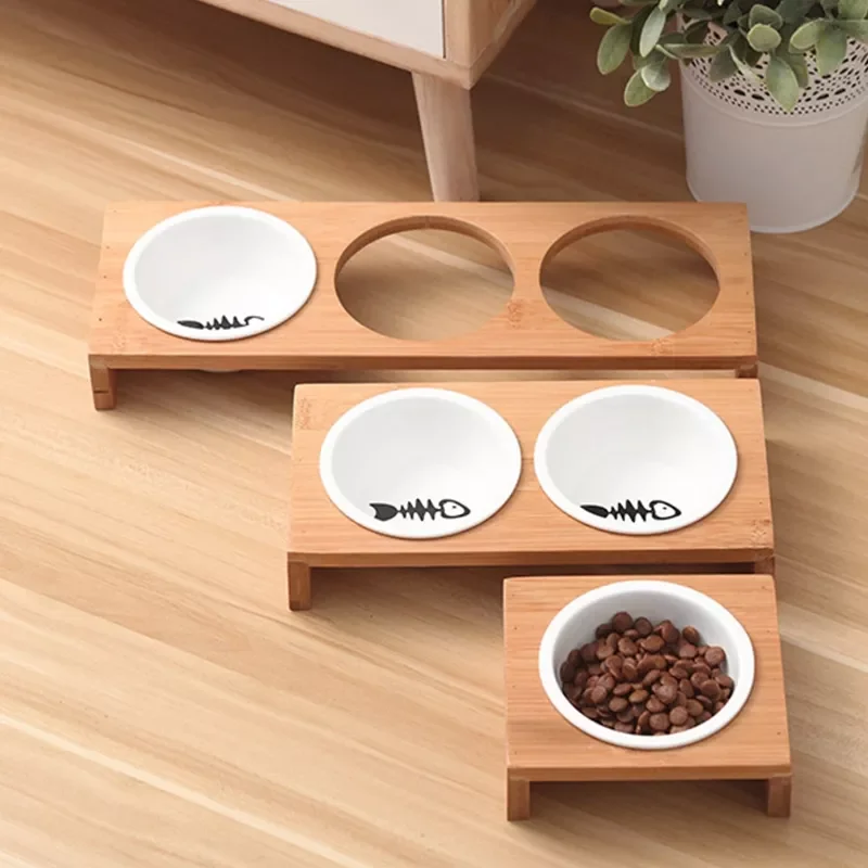 

Elevated Pet Bowls, Raised Dog Cat Feeder Solid Bamboo Stand Ceramic Food Feedin
