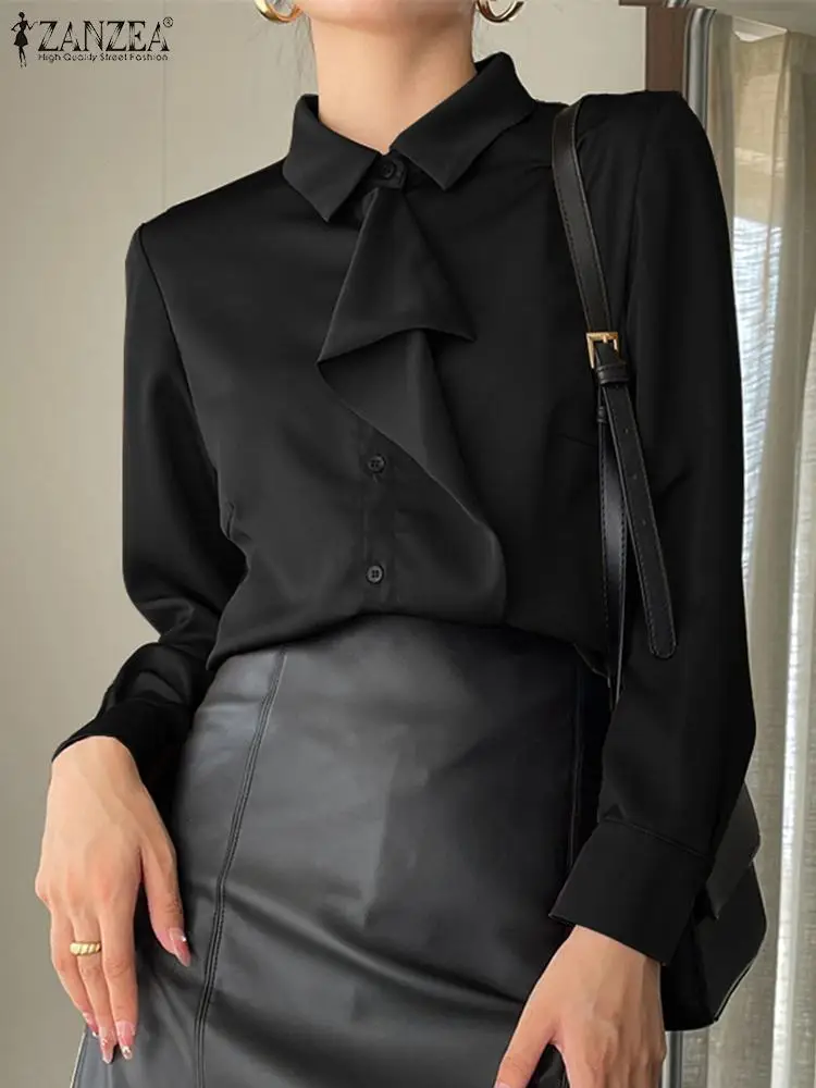 

Рубашка ZANZEA Женская атласная с длинным рукавом, шелковая блузка с оборками, модная повседневная элегантная офисная блузка с отложным воротником, 2023