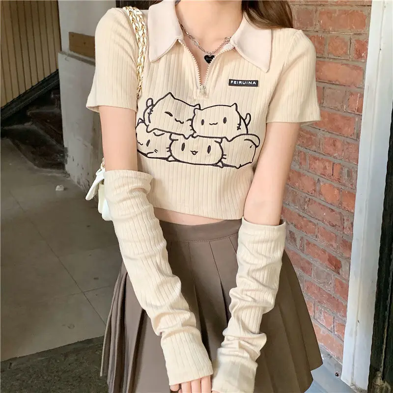 QWEEK Women's T-shirt Japanese Korean Harajuku Y2k Preppy Style Sweet Soft Girl Short Sleeve T-shirts Crop Top Sexy Chic Fashion