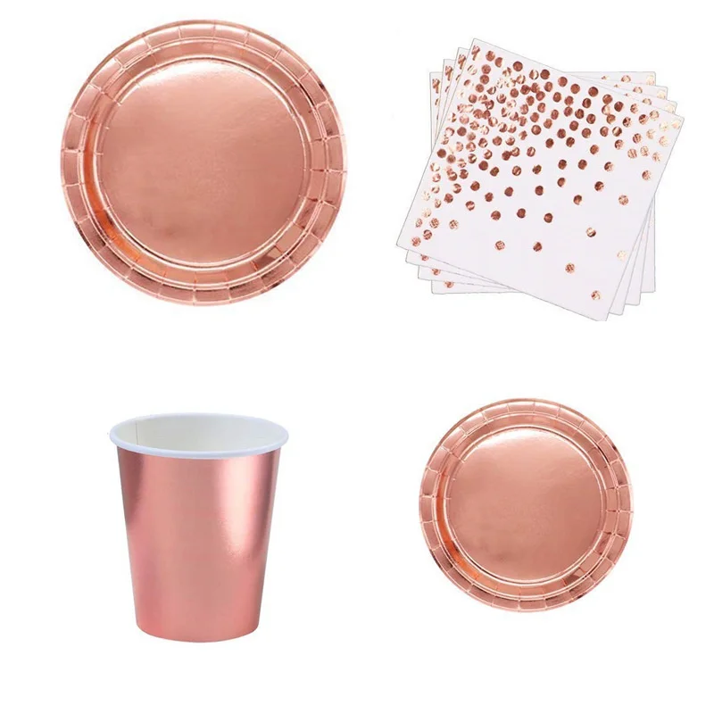 

10pcs Rose Gold Disposable Cutlery Set Paper Cup Paper Plate Tablecloth Party Arrangement Birthday Wedding Cutlery Set Wholesale