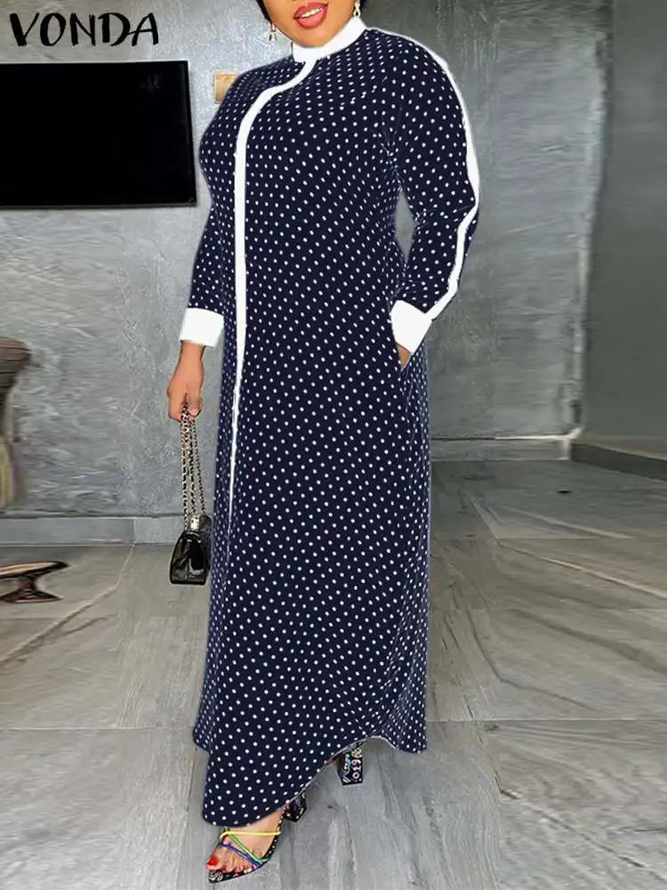 Plus Size 5XL VONDA Summer Dress 2023 Bohemian Polka Dots Maxi Dress Women Long Sleeve Patchwork Satin Vestido Parchwork Robe
