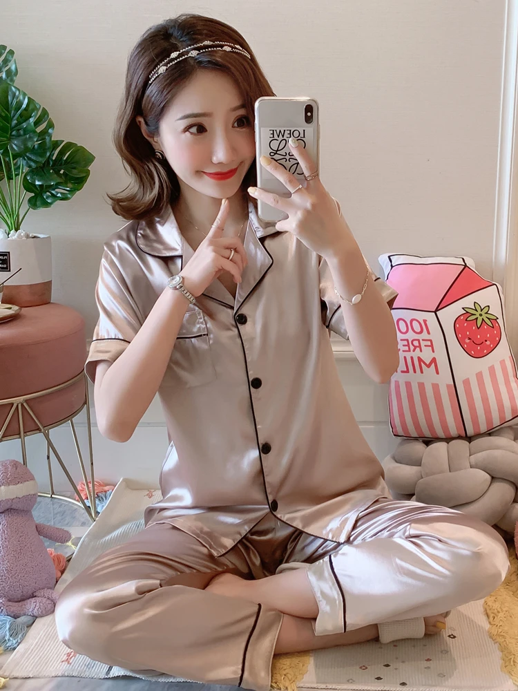 Ice Silk Pajamas Women Summer Thin Short sleeve Trousers Plus size Sexy New Real Home Wear Loose Set