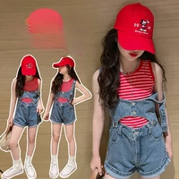 girls 2022 summer new detachable denim shorts suits with high waist and slimming two piece trendy design