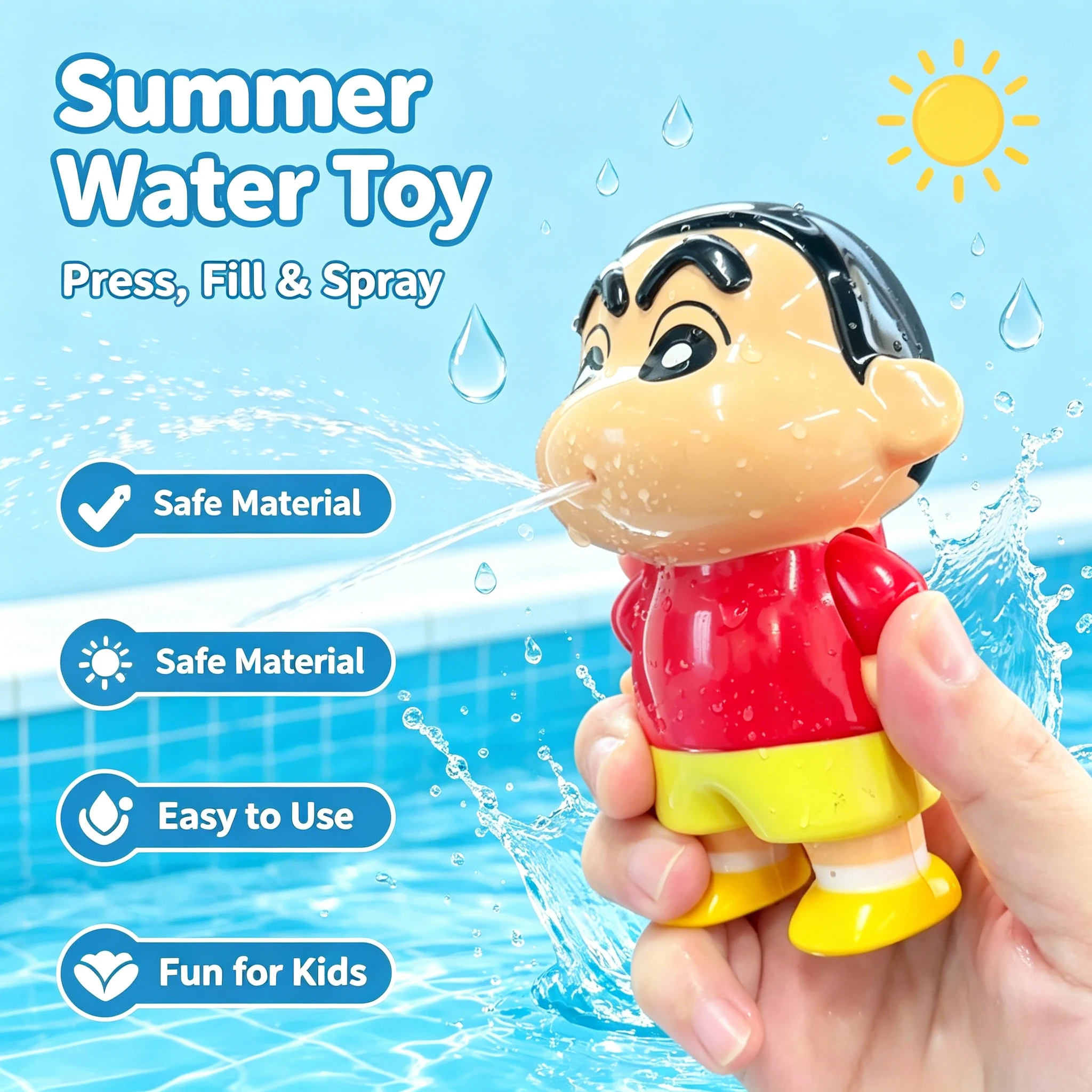 Фото Водный пистолет Crayon Shin-chan: Детская игрушка для распыления воды, нажимной, со звуком, мультяшный, для девочек и мальчиков, для малышей, для водных битв №2