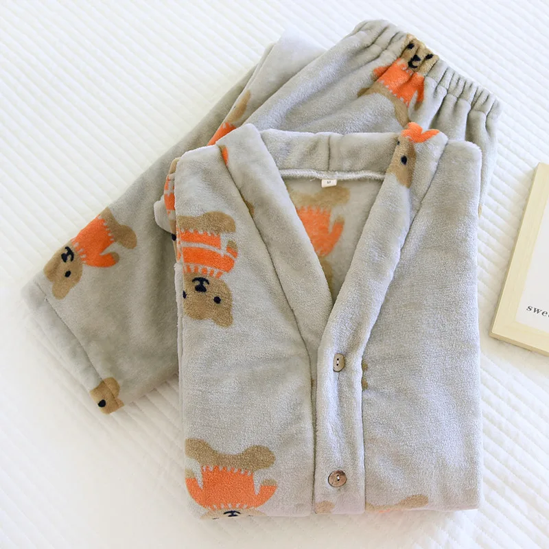 Homewear Suit Flannel Couple Pajamas Set Men Women Autumn Winter Home Comfort Cartoon Bear Warm Loungewear Clothing Sleeping Pjs