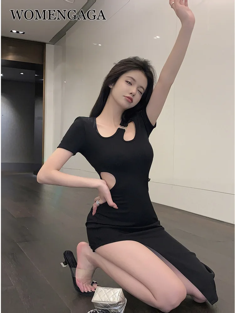 

WOMENGAGA Dress Women's Korean Irregular Hollow Out Long Dress Summer Sexy Slim Hip Hot Sexy Korean Women Robe Fashion Tops 64MH