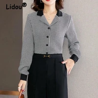 houndstooth shirts women french elegant temperament lapel casual blouse office ladies commute clothes spring vintage chiffon top