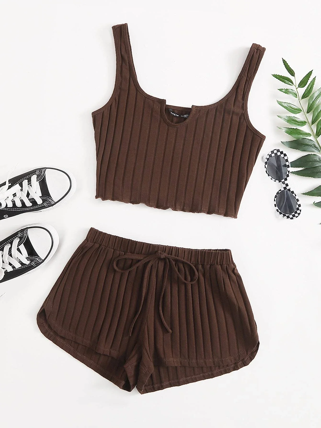 

Notch Neck Rib-knit Tank Top & Shorts Set