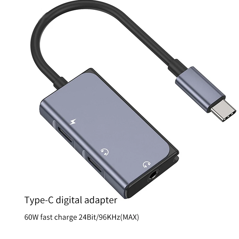 

3 In 1 Type C Headphone Adapter PD 60W Fast Charge Digital Audio Converter Voice Live Broadcast Power Adapter