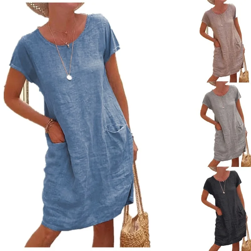 

2023 Women's Summer Loose Solid Pocket Short Sleeve Round Neck Cotton Linen Dress Women's Dress