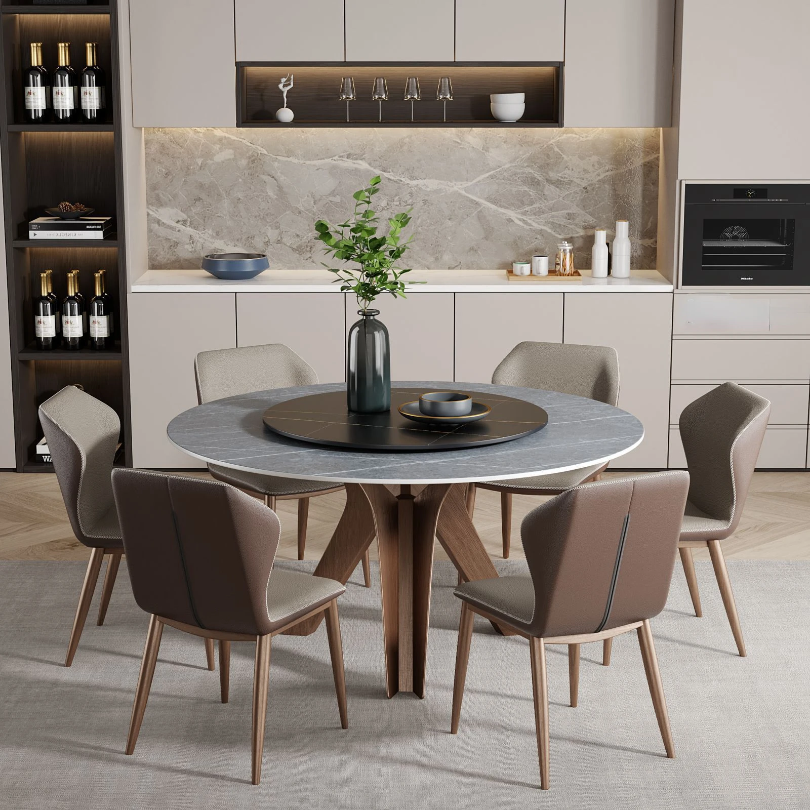 

Italian dining table modern simple light luxury rock plate dining table household table and chair combination with turntable