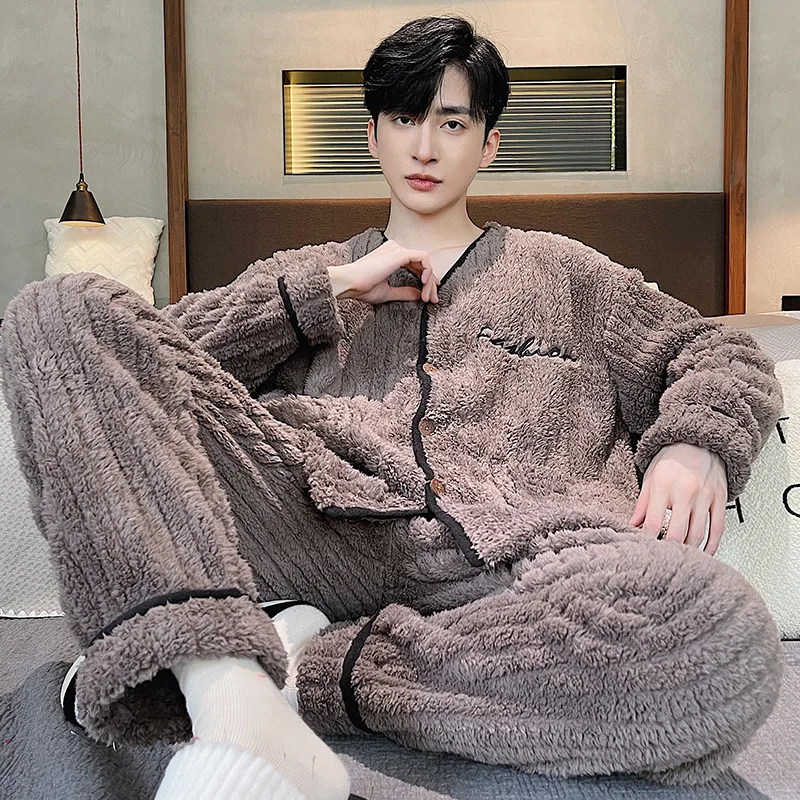 2022 Thick Flannel Men's Pajamas Set Autumn Winter Plus Velvet Thicken Long Sleeves Sleepwear Zip Nightgown Warm Lounge Wear Set