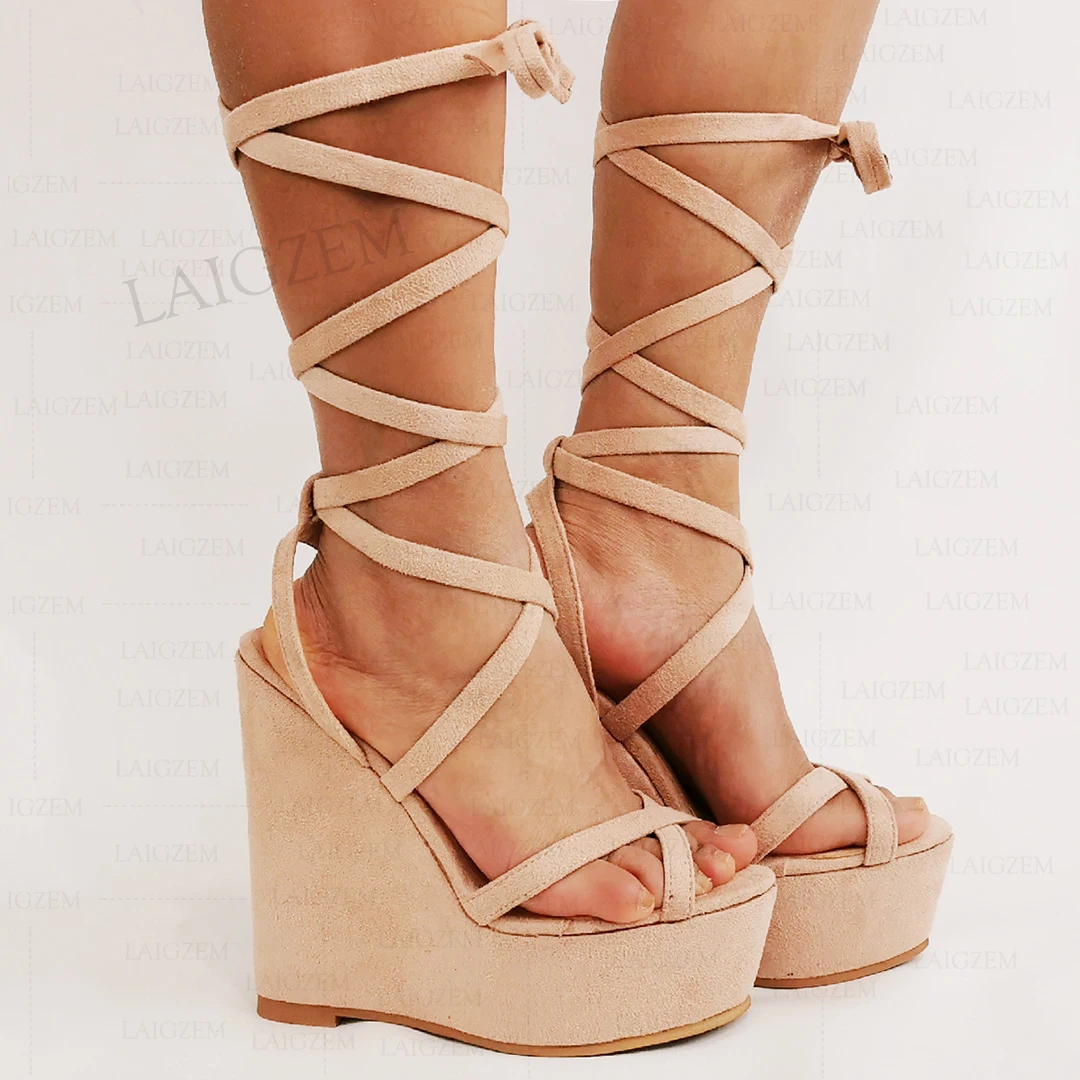 

Женские босоножки на танкетке SEIIHEM со шнуровкой из искусственной замши, Женская Вечерние для выпускного вечера, увеличивающая рост, большие...