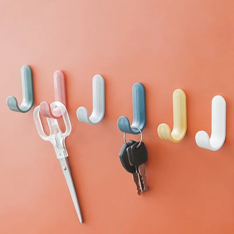 

Hole-free Hook Multifunctional J-shaped Plastic Strong Clasp Home Living Room Behind Door Hooks Supplies Solid Colors Dropship