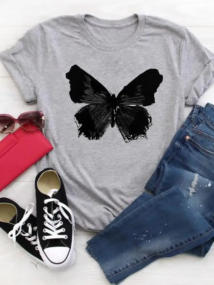 

Summer T Clothing Print Short Sleeve Casual T-shirts Graphic Tee Fashion Clothes Women Female Butterfly Watercolor Cute 90s