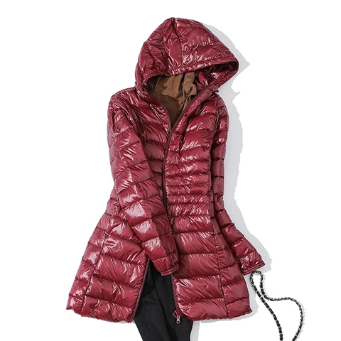 Женская ульсветильник куртка на утином пуху, женское теплое пальто на осень и зиму, повседневное облегающее длинное пальто на утином пуху с капюшоном, женская верхняя одежда