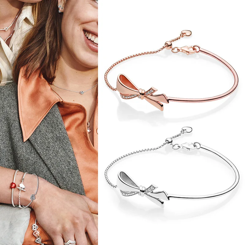 

100% 925 брелок Silver Pan Bracelet New Gorgeous Bow Pan Bracelet Fit European Charm Bracelets Women Jewelry