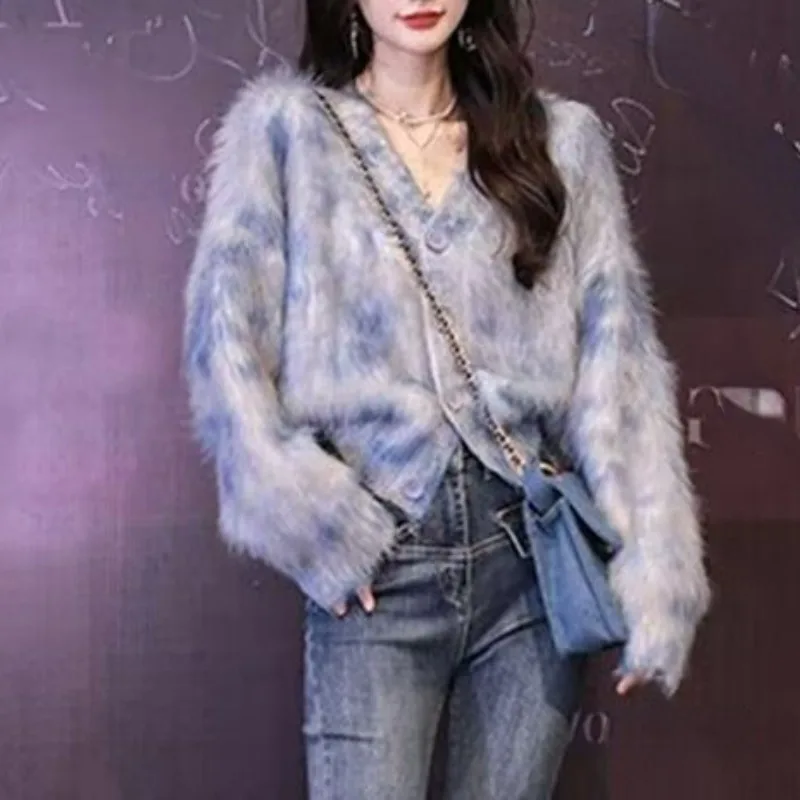 

V Neck Contrast Color Light Luxury Knit Outerwear Autumn Winter High Grade Grunge Sweater Jacket Single-breasted Cardigan Y2k