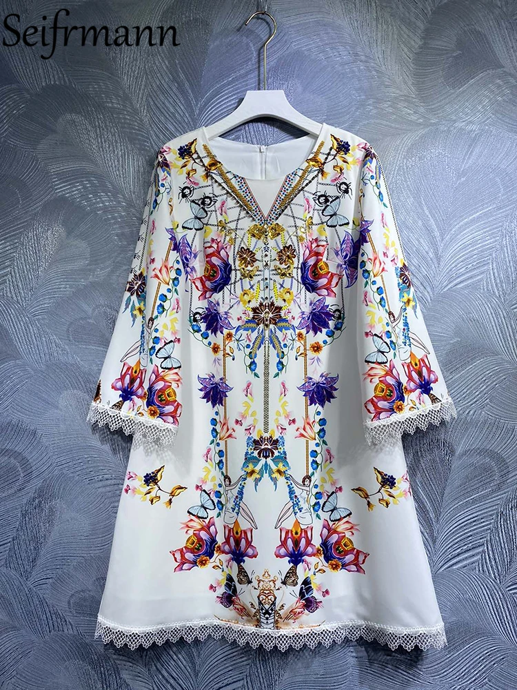 Seifrmann High Quality Spring Women Fashion Runway A-Line Dress Half Sleeve Flower Print Crystal Beading Lace Trim Mini Dresses