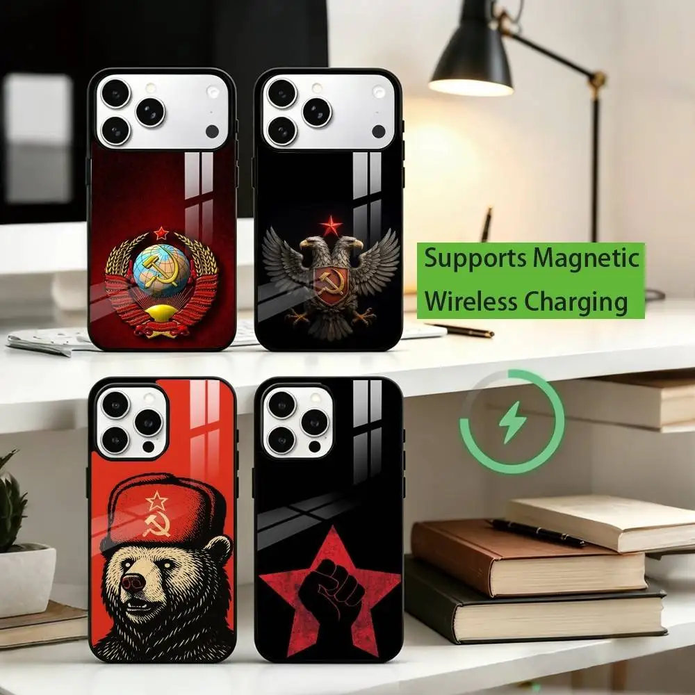 Фото Чехол для телефона с эмблемой СССР для iPhone 17, 16, 15, 14, 13, 12, 11 Plus, Pro, совместимый с магнитной беспроводной зарядкой №1