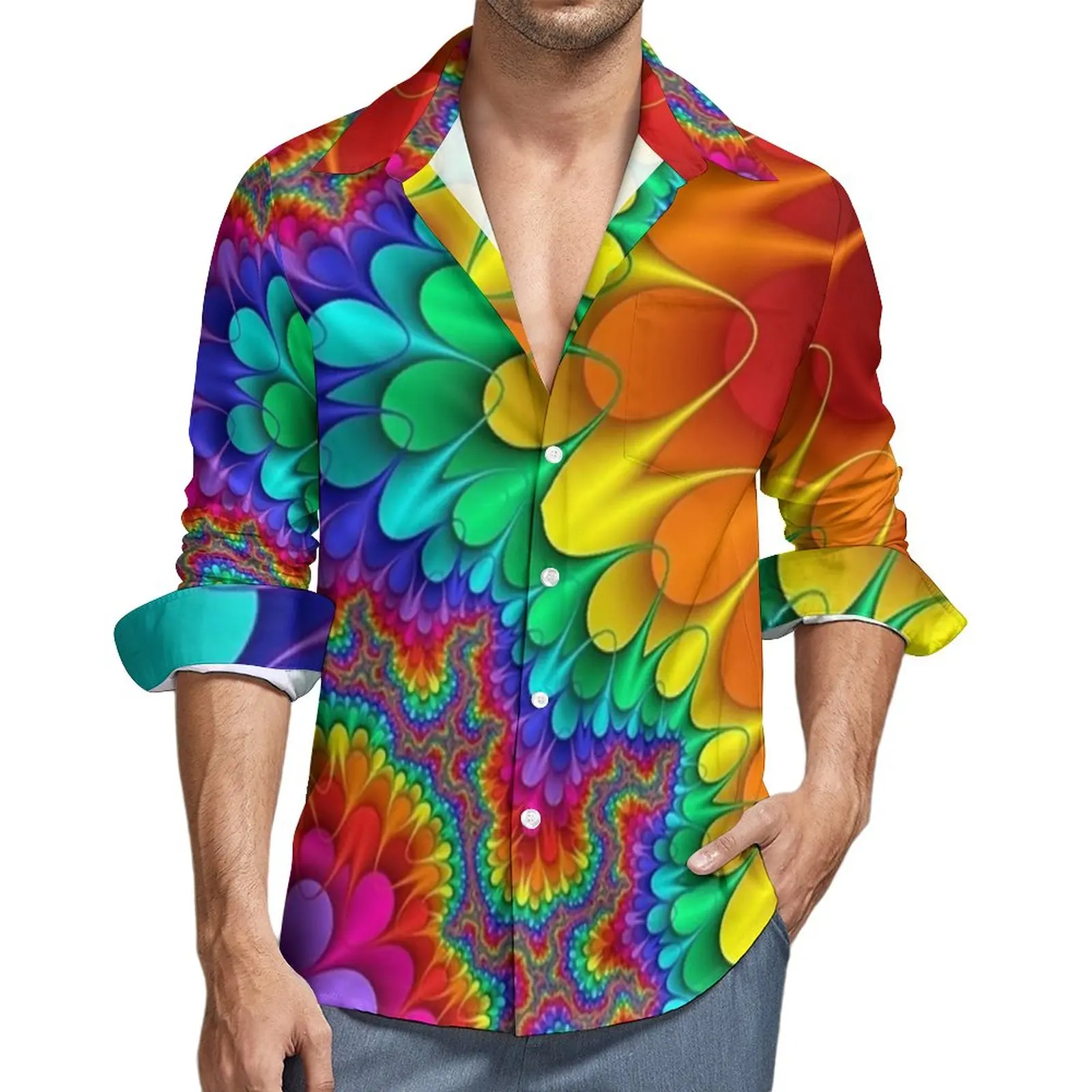 

Rainbow Splash Shirt Psychedelic Print Casual Shirts Long Sleeve Design Funny Blouses Autumn Novelty Oversized Tops