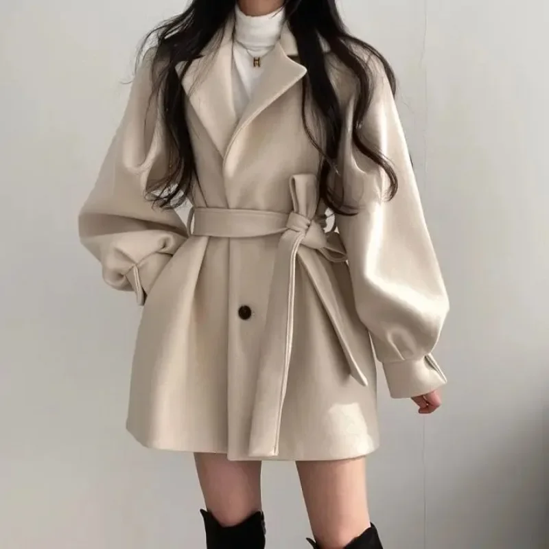 

Mid Length Topcoat Blazer Collar Woolen Coat Women Belted Winter Jacket Niche Vintage Loose Fashion Overcoat Solid Trench Coats