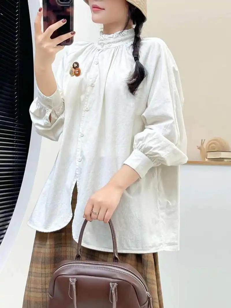 Рубашка и Блузка Женские однотонные с воротником-стойкой длинными рукавами